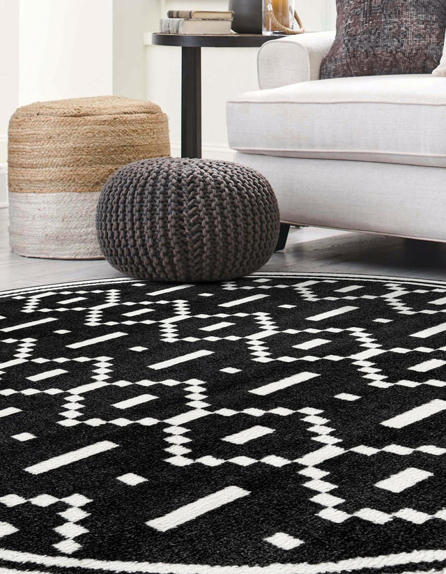 Black 7' 10 x 7' 10 Norge Round Area Rug 100% Polypropylene Easy Clean Non Shed Stain Resistant Modern Carpet for Home Interior Design for Sale at Rug Engine