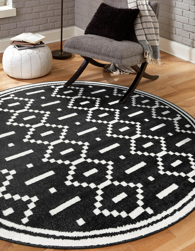 Black 5' 1 x 5' 1 Norge Round Area Rug 100% Polypropylene Easy Clean Non Shed Stain Resistant Modern Carpet for Home Interior Design for Sale at Rug Engine