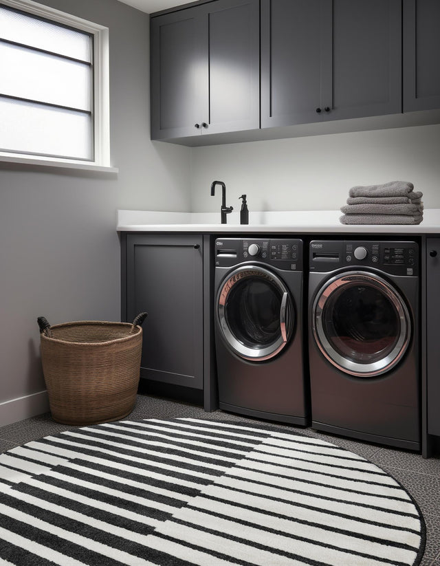 Black 5' 1 x 5' 1 Norge Round Area Rug 100% Polypropylene Easy Clean Non Shed Stain Resistant Modern Carpet for Home Interior Design for Sale at Rug Engine