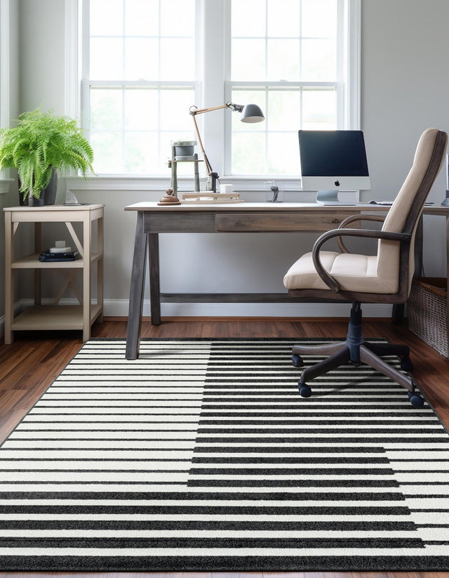 Black 5' 1 x 8' Norge Rectangle Area Rug 100% Polypropylene Easy Clean Non Shed Stain Resistant Modern Carpet for Home Interior Design for Sale at Rug Engine