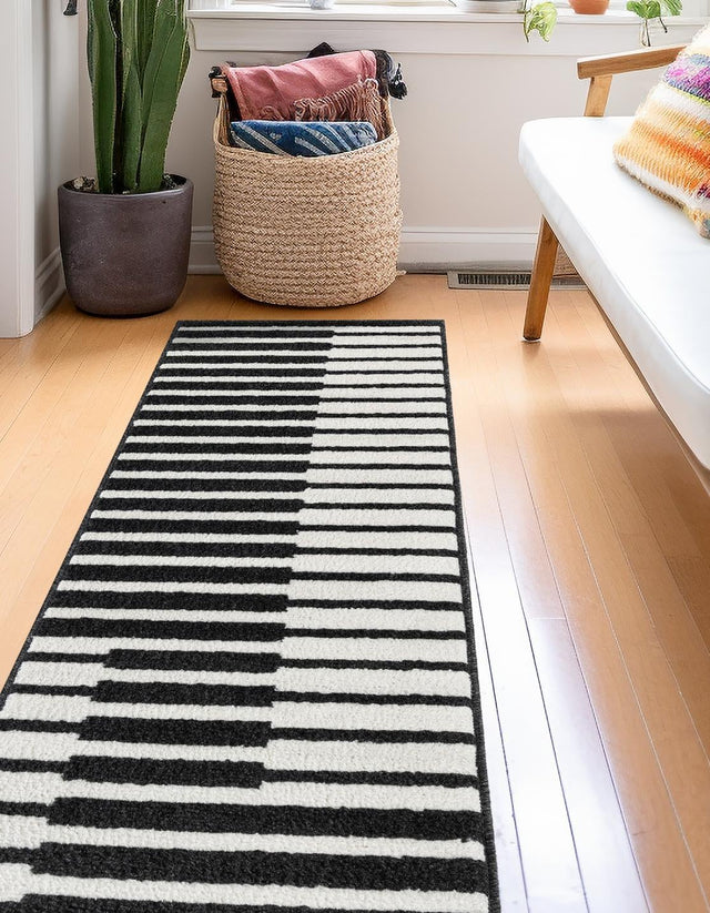 Black 2' 7 x 10' Norge Runner Area Rug 100% Polypropylene Easy Clean Non Shed Stain Resistant Modern Carpet for Home Interior Design for Sale at Rug Engine