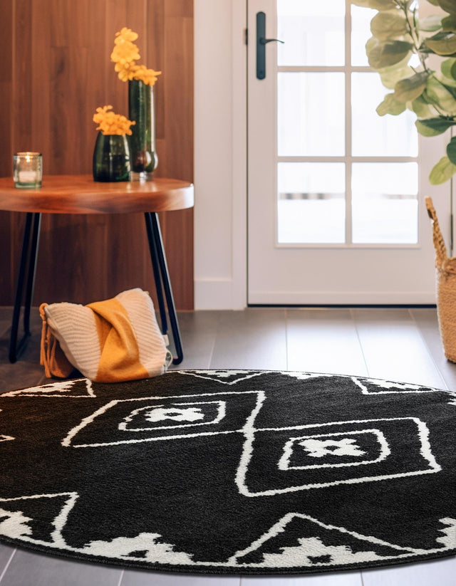 Black 7' 10 x 7' 10 Norge Round Area Rug 100% Polypropylene Easy Clean Non Shed Stain Resistant Modern Carpet for Home Interior Design for Sale at Rug Engine