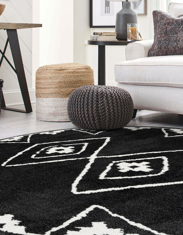 Black 4' 1 x 4' 1 Norge Round Area Rug 100% Polypropylene Easy Clean Non Shed Stain Resistant Modern Carpet for Home Interior Design for Sale at Rug Engine