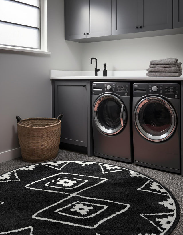 Black 5' 1 x 5' 1 Norge Round Area Rug 100% Polypropylene Easy Clean Non Shed Stain Resistant Modern Carpet for Home Interior Design for Sale at Rug Engine