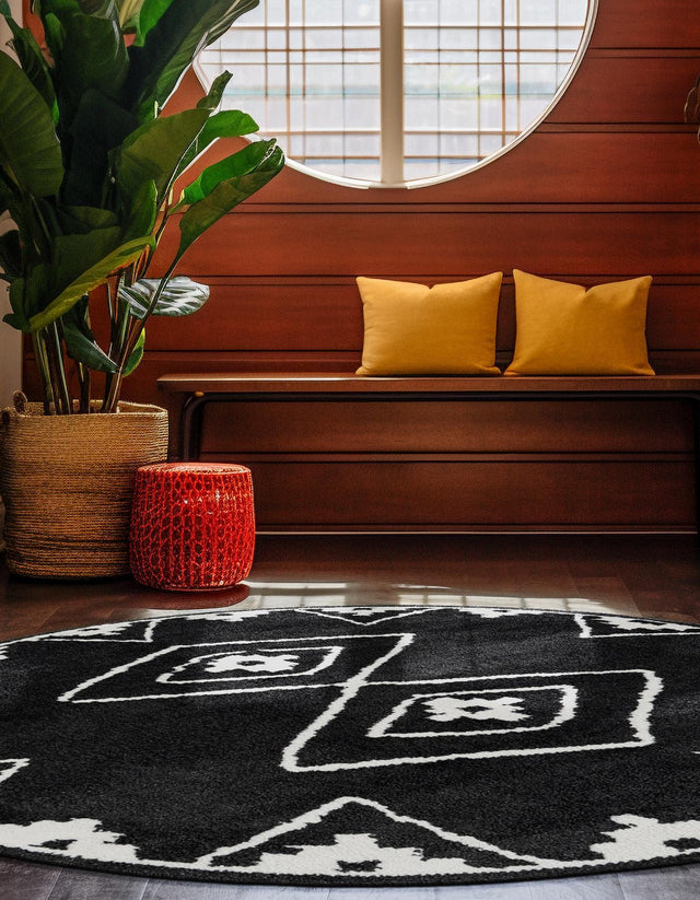 Black 4' 1 x 4' 1 Norge Round Area Rug 100% Polypropylene Easy Clean Non Shed Stain Resistant Modern Carpet for Home Interior Design for Sale at Rug Engine