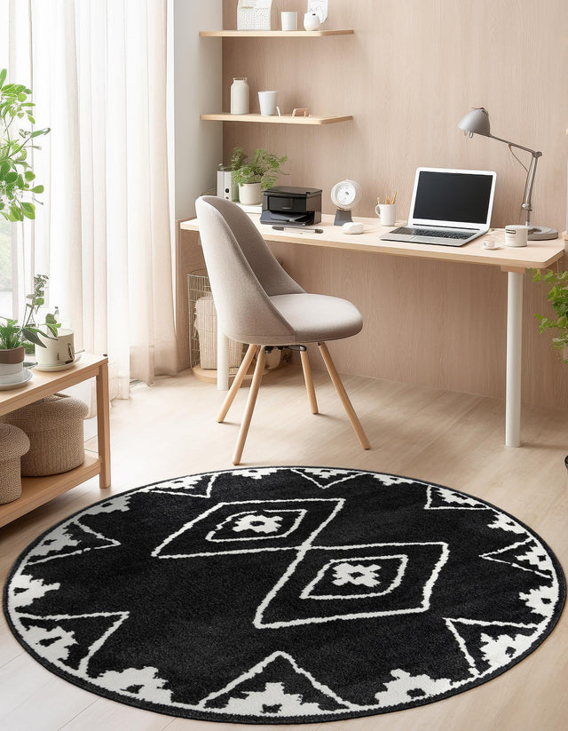 Black 4' 1 x 4' 1 Norge Round Area Rug 100% Polypropylene Easy Clean Non Shed Stain Resistant Modern Carpet for Home Interior Design for Sale at Rug Engine