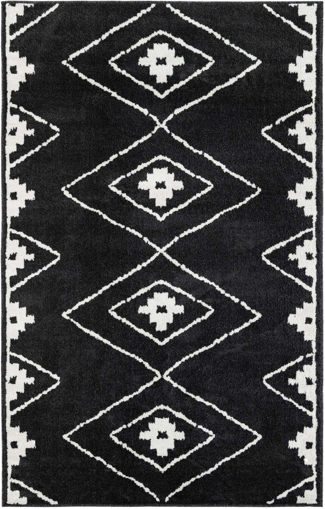 Black 5' 1 x 8' Norge Rectangle Area Rug 100% Polypropylene Easy Clean Non Shed Stain Resistant Modern Carpet for Home Interior Design for Sale at Rug Engine