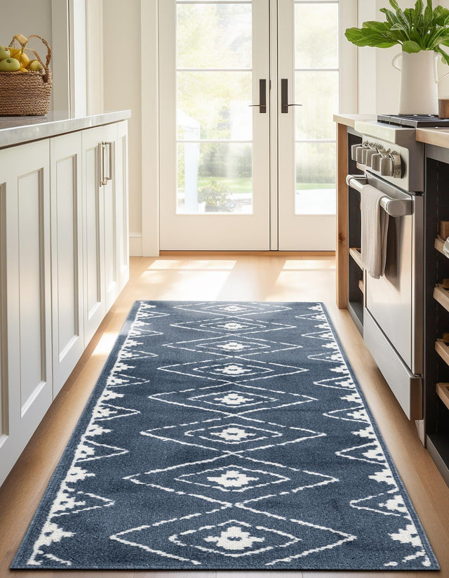 Blue 2' 7 x 12' Norge Runner Area Rug 100% Polypropylene Easy Clean Non Shed Stain Resistant Modern Carpet for Home Interior Design for Sale at Rug Engine