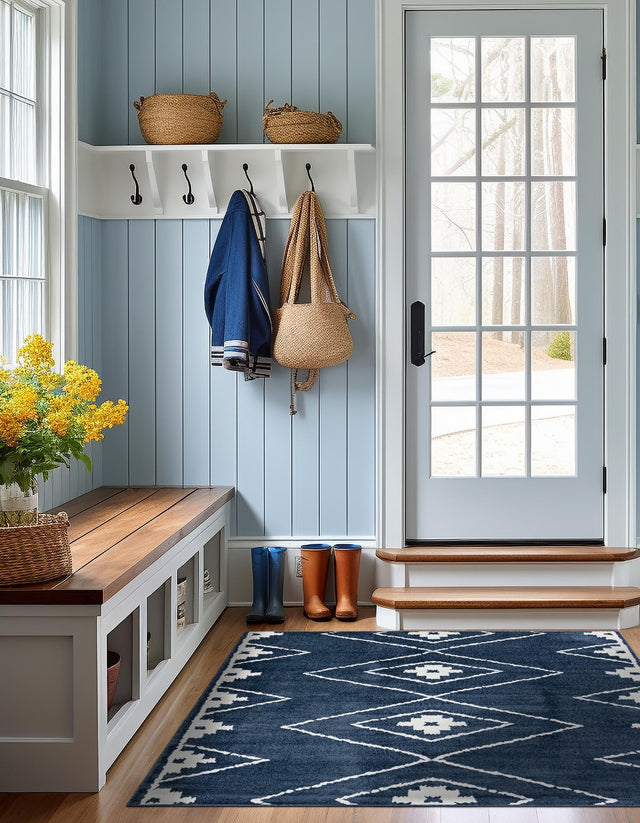 Blue 7' 10 x 7' 10 Norge Square Area Rug 100% Polypropylene Easy Clean Non Shed Stain Resistant Modern Carpet for Home Interior Design for Sale at Rug Engine