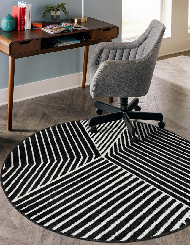 Black 7' 10 x 7' 10 Norge Round Area Rug 100% Polypropylene Easy Clean Non Shed Stain Resistant Modern Carpet for Home Interior Design for Sale at Rug Engine