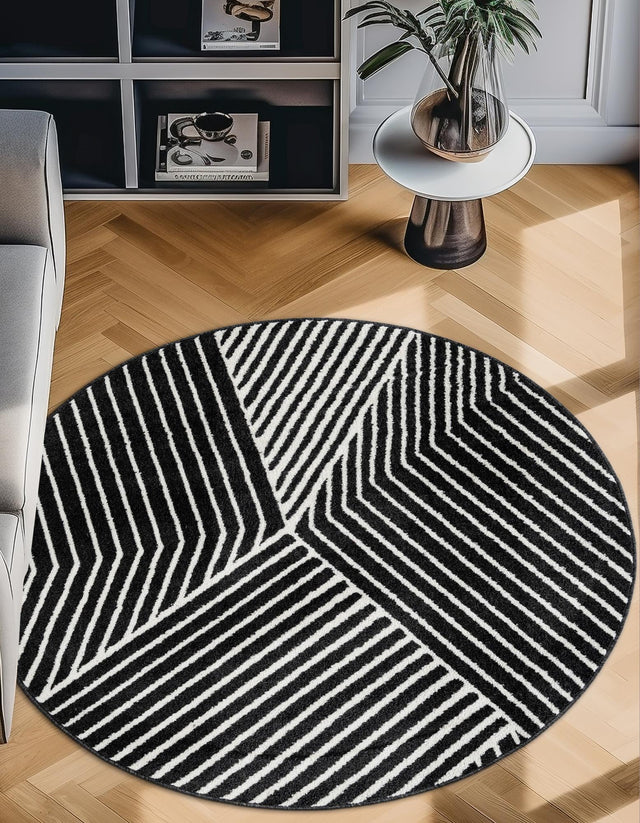 Black 4' 1 x 4' 1 Norge Round Area Rug 100% Polypropylene Easy Clean Non Shed Stain Resistant Modern Carpet for Home Interior Design for Sale at Rug Engine
