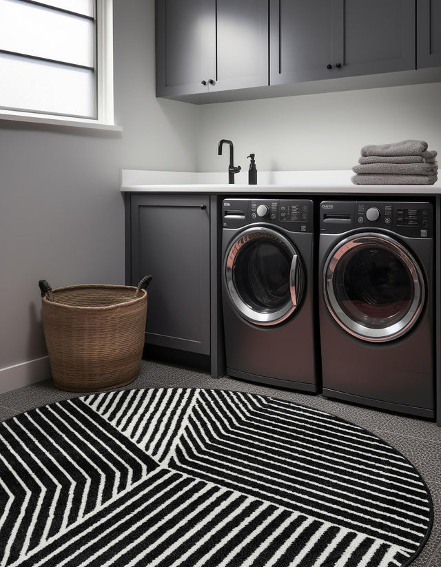 Black 3' 1 x 3' 1 Norge Round Area Rug 100% Polypropylene Easy Clean Non Shed Stain Resistant Modern Carpet for Home Interior Design for Sale at Rug Engine