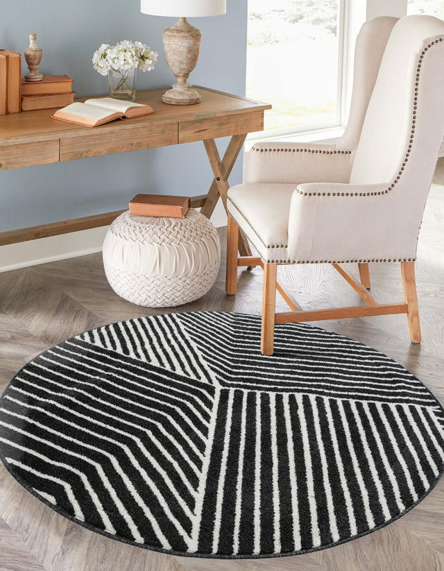 Black 5' 1 x 5' 1 Norge Round Area Rug 100% Polypropylene Easy Clean Non Shed Stain Resistant Modern Carpet for Home Interior Design for Sale at Rug Engine