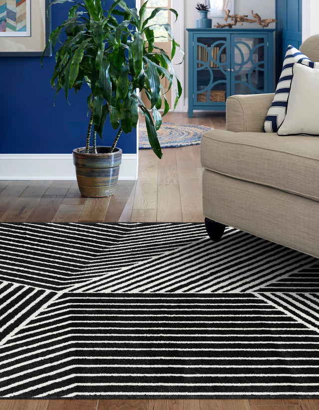 Black 7' 10 x 10' Norge Rectangle Area Rug 100% Polypropylene Easy Clean Non Shed Stain Resistant Modern Carpet for Home Interior Design for Sale at Rug Engine