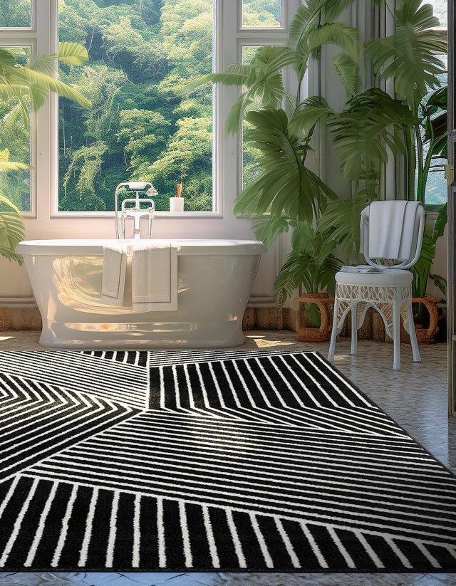 Black 5' 1 x 8' Norge Rectangle Area Rug 100% Polypropylene Easy Clean Non Shed Stain Resistant Modern Carpet for Home Interior Design for Sale at Rug Engine