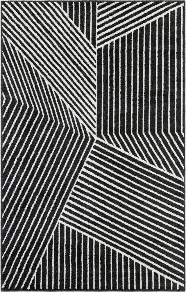 Black 5' 1 x 8' Norge Rectangle Area Rug 100% Polypropylene Easy Clean Non Shed Stain Resistant Modern Carpet for Home Interior Design for Sale at Rug Engine