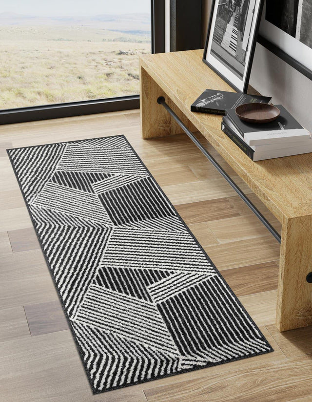 Black 2' x 8' Norge Runner Area Rug 100% Polypropylene Easy Clean Non Shed Stain Resistant Modern Carpet for Home Interior Design for Sale at Rug Engine