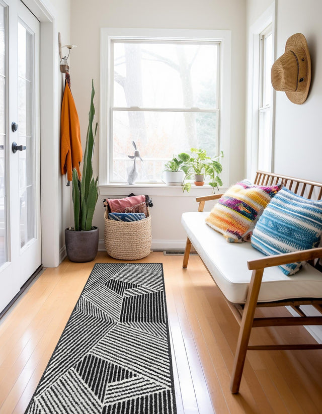 Black 2' 7 x 10' Norge Runner Area Rug 100% Polypropylene Easy Clean Non Shed Stain Resistant Modern Carpet for Home Interior Design for Sale at Rug Engine