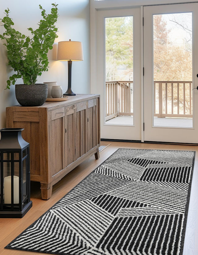 Black 2' 7 x 10' Norge Runner Area Rug 100% Polypropylene Easy Clean Non Shed Stain Resistant Modern Carpet for Home Interior Design for Sale at Rug Engine