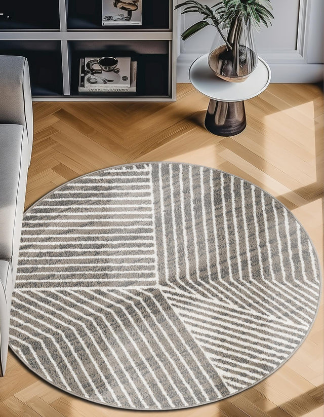 Gray 4' 1 x 4' 1 Norge Round Area Rug 100% Polypropylene Easy Clean Non Shed Stain Resistant Modern Carpet for Home Interior Design for Sale at Rug Engine