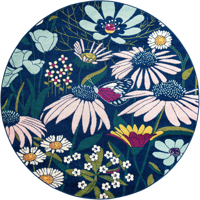 Navy Blue 7' 10 x 7' 10 Bloom Round Area Rug 100% Polypropylene With Cotton Backing Easy Clean Colorful Blooming Flower Floral Carpet for Living Dining Room Office Dorms for Sale at Rug Engine