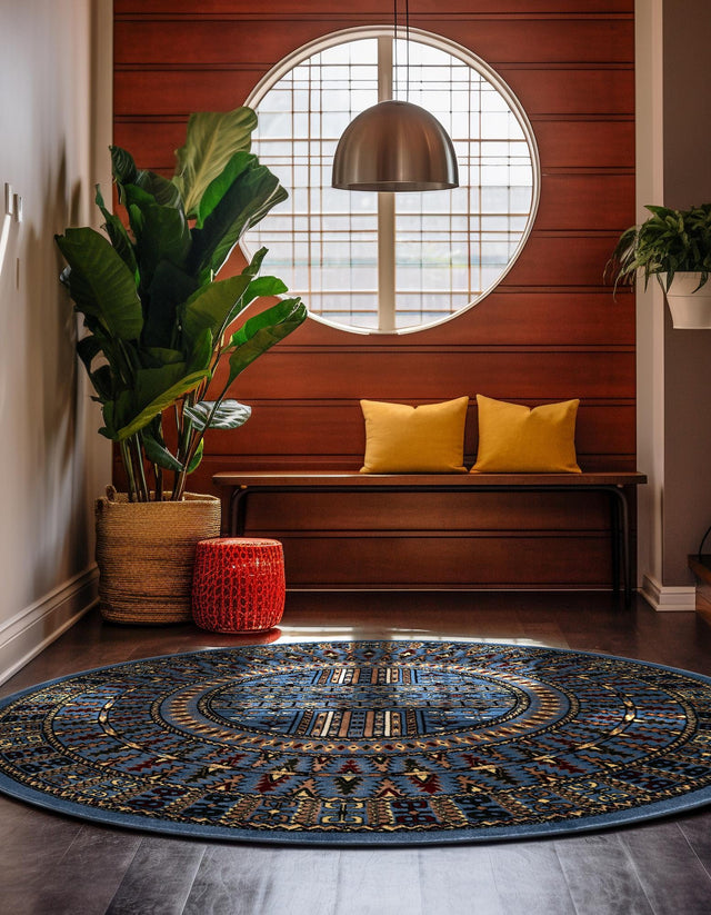 Blue 7' 10 x 7' 10 Tekke Round Area Rug Classic Traditional Vintage Design Carpet for Living Rooms, Dining, Bedrooms, Office Space for Sale at Rug Engine