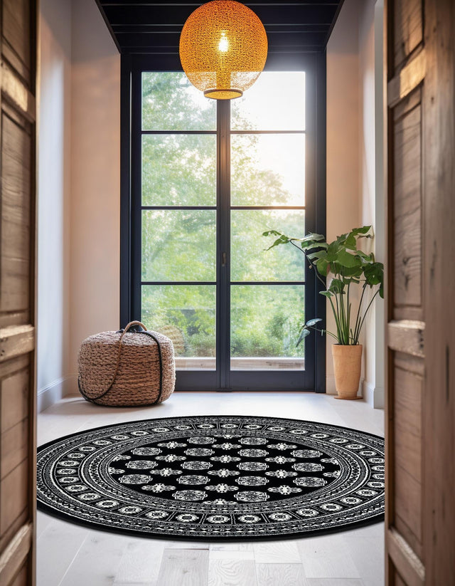 Black and White 3' 1 x 3' 1 Tekke Round Area Rug Classic Traditional Vintage Design Carpet for Living Rooms, Dining, Bedrooms, Office Space for Sale at Rug Engine