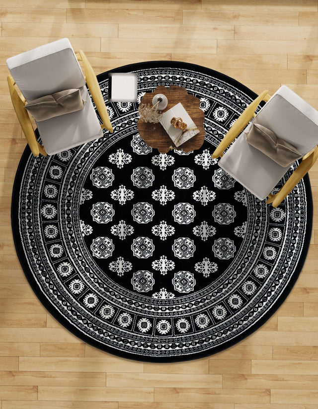 Black and White 3' 1 x 3' 1 Tekke Round Area Rug Classic Traditional Vintage Design Carpet for Living Rooms, Dining, Bedrooms, Office Space for Sale at Rug Engine