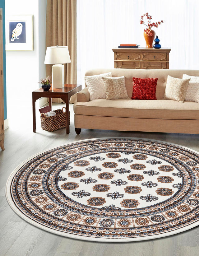 Ivory 6' 1 x 6' 1 Tekke Round Area Rug Classic Traditional Vintage Design Carpet for Living Rooms, Dining, Bedrooms, Office Space for Sale at Rug Engine