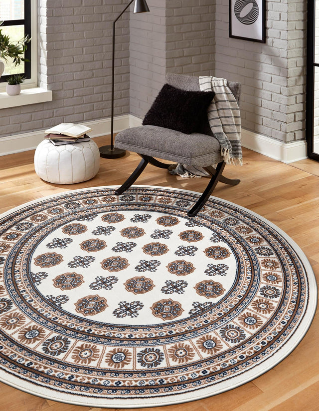 Ivory 6' 1 x 6' 1 Tekke Round Area Rug Classic Traditional Vintage Design Carpet for Living Rooms, Dining, Bedrooms, Office Space for Sale at Rug Engine