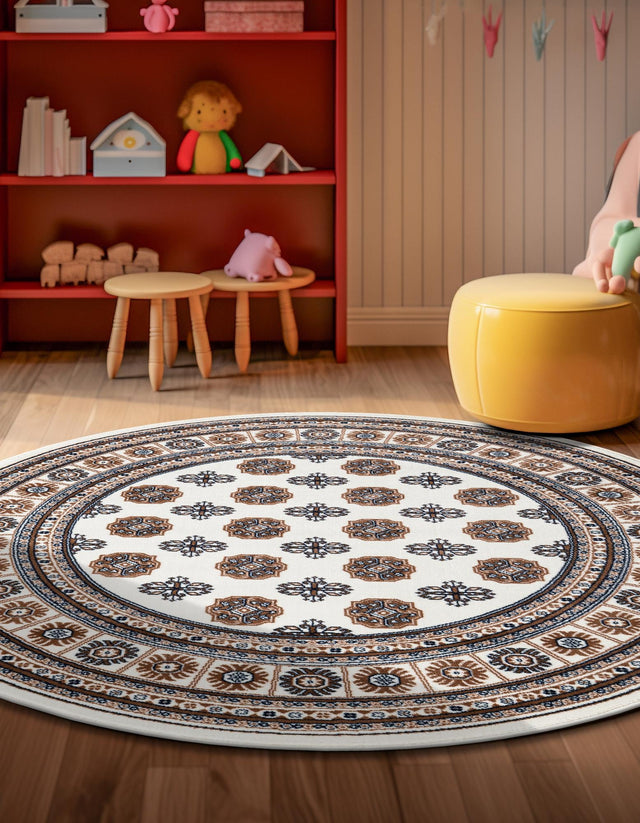 Ivory 5' 3 x 5' 3 Tekke Round Area Rug Classic Traditional Vintage Design Carpet for Living Rooms, Dining, Bedrooms, Office Space for Sale at Rug Engine