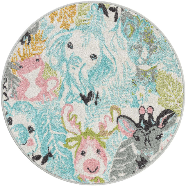 Multicolor 3' 1 x 3' 1 Whimsy Kids Round Area Rug for Baby Nursery, Toddler Playroom, Bedrooms Playful Fun Design Easy Clean Carpet for Sale at Rug Engine