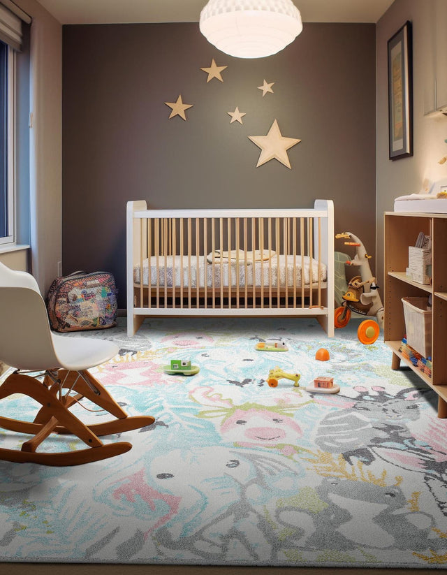 Multicolor 7' 10 x 10' Whimsy Kids Rectangle Area Rug for Baby Nursery, Toddler Playroom, Bedrooms