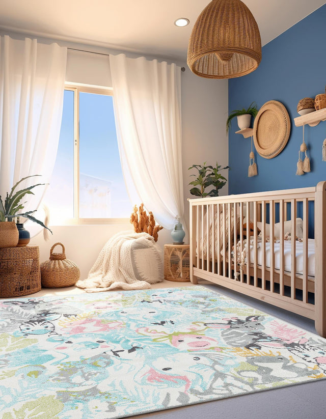 Multicolor 7' 10 x 10' Whimsy Kids Rectangle Area Rug for Baby Nursery, Toddler Playroom, Bedrooms