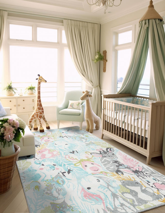 Multicolor 7' 10 x 10' Whimsy Kids Rectangle Area Rug for Baby Nursery, Toddler Playroom, Bedrooms