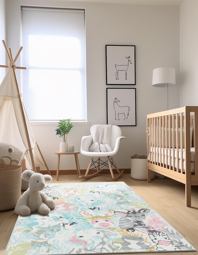 Multicolor 7' 10 x 10' Whimsy Kids Rectangle Area Rug for Baby Nursery, Toddler Playroom, Bedrooms