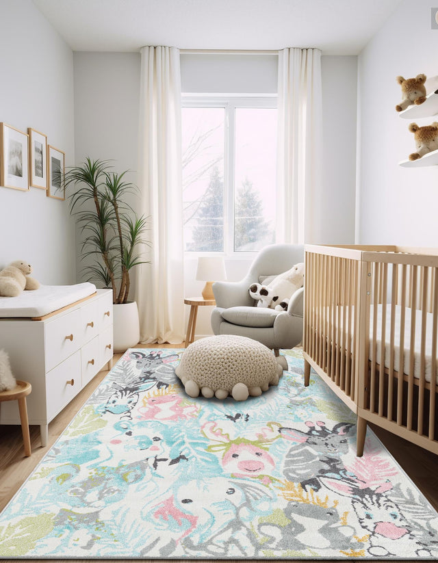 Multicolor 7' 10 x 10' Whimsy Kids Rectangle Area Rug for Baby Nursery, Toddler Playroom, Bedrooms