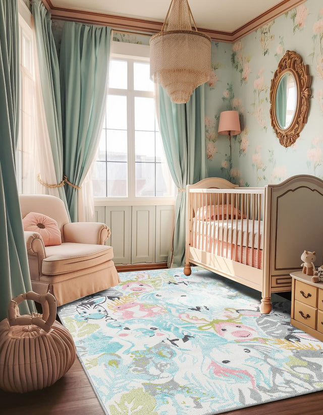 Multicolor 7' 10 x 10' Whimsy Kids Rectangle Area Rug for Baby Nursery, Toddler Playroom, Bedrooms