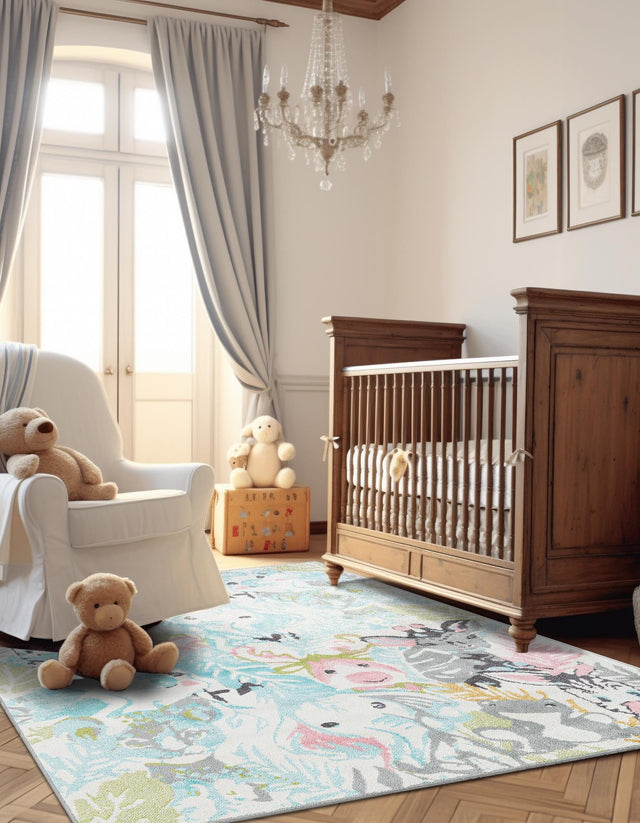 Multicolor 4' 1 x 6' 1 Whimsy Kids Rectangle Area Rug for Baby Nursery, Toddler Playroom, Bedrooms Playful Fun Design Easy Clean Carpet for Sale at Rug Engine