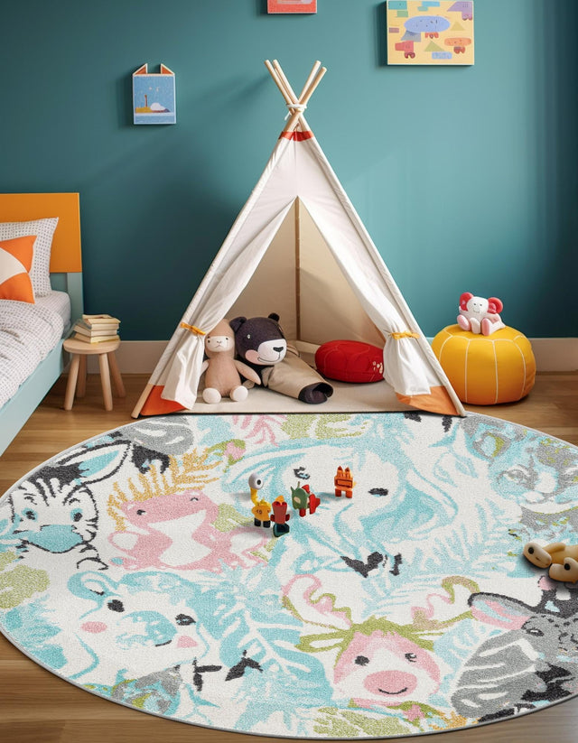 Multicolor 5' 1 x 5' 1 Whimsy Kids Round Area Rug for Baby Nursery, Toddler Playroom, Bedrooms Playful Fun Design Easy Clean Carpet for Sale at Rug Engine