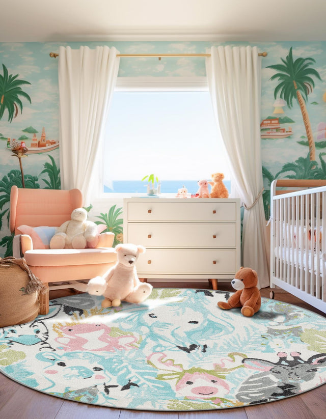 Multicolor 2' 2 x 2' 2 Whimsy Kids Round Area Rug for Baby Nursery, Toddler Playroom, Bedrooms Playful Fun Design Easy Clean Carpet for Sale at Rug Engine