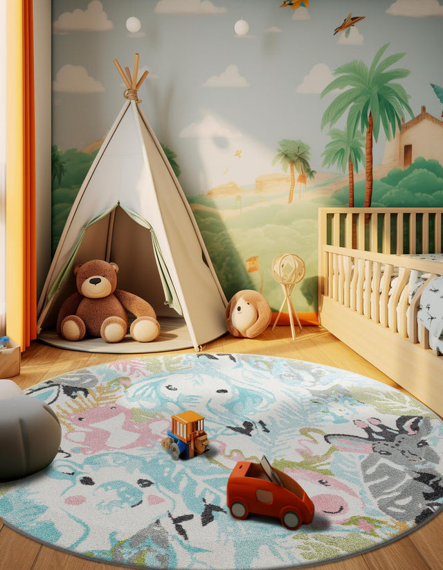 Multicolor 2' 2 x 2' 2 Whimsy Kids Round Area Rug for Baby Nursery, Toddler Playroom, Bedrooms Playful Fun Design Easy Clean Carpet for Sale at Rug Engine