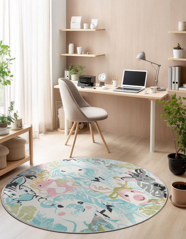 Multicolor 2' 2 x 2' 2 Whimsy Kids Round Area Rug for Baby Nursery, Toddler Playroom, Bedrooms Playful Fun Design Easy Clean Carpet for Sale at Rug Engine