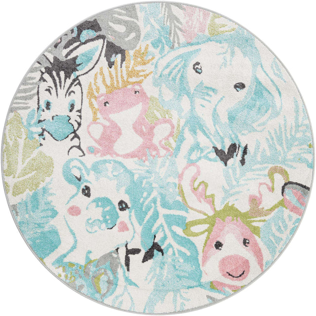 Multicolor 6' 1 x 6' 1 Whimsy Kids Round Area Rug for Baby Nursery, Toddler Playroom, Bedrooms Playful Fun Design Easy Clean Carpet for Sale at Rug Engine
