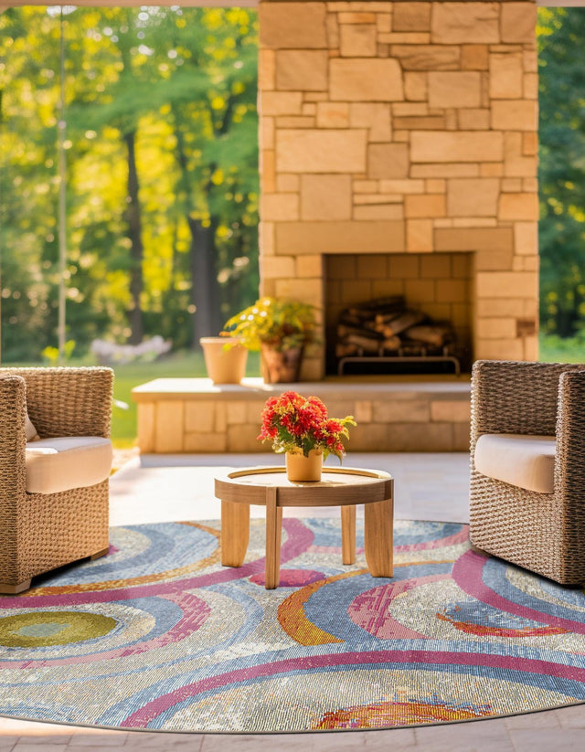 Multicolor 3' 1 x 3' 1 Outdoor Modern Round Area Rug Weather Resistant for Patio, Deck, Terrace, Balcony, Porch 100% Polypropylene Modern Outside Carpet for Sale at Rug Engine