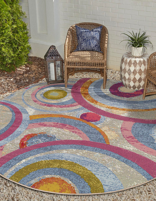 Multicolor 4' 1 x 4' 1 Outdoor Modern Round Area Rug Weather Resistant for Patio, Deck, Terrace, Balcony, Porch 100% Polypropylene Modern Outside Carpet for Sale at Rug Engine