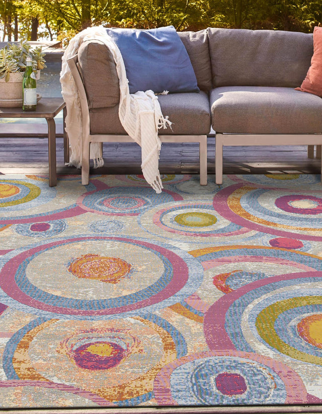 Multicolor 7' 10 x 7' 10 Outdoor Modern Square Area Rug Weather Resistant for Patio, Deck, Terrace, Balcony, Porch 100% Polypropylene Modern Outside Carpet for Sale at Rug Engine