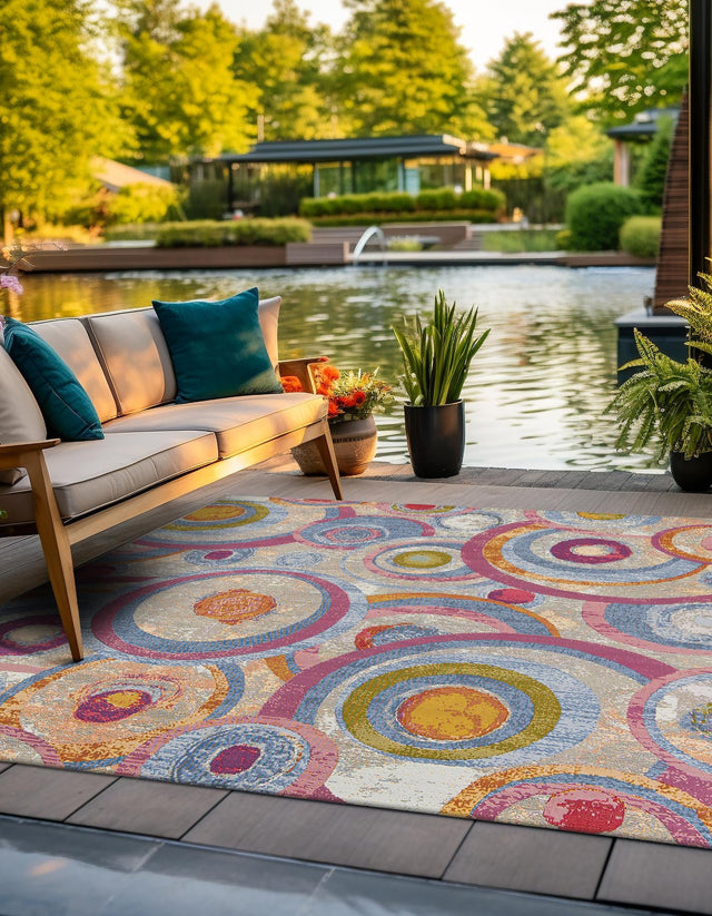 Multicolor 7' 10 x 7' 10 Outdoor Modern Square Area Rug Weather Resistant for Patio, Deck, Terrace, Balcony, Porch 100% Polypropylene Modern Outside Carpet for Sale at Rug Engine