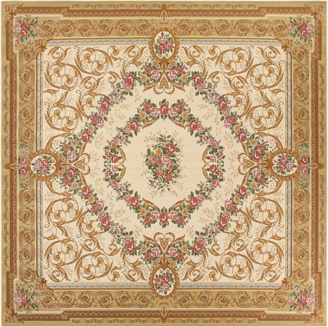 Ivory and Beige 10' x 10' Outdoor Traditional Square Area Rug Weather Resistant for Patio, Deck, Terrace, Balcony, Porch Classical Design Outside Carpet for Sale at Rug Engine