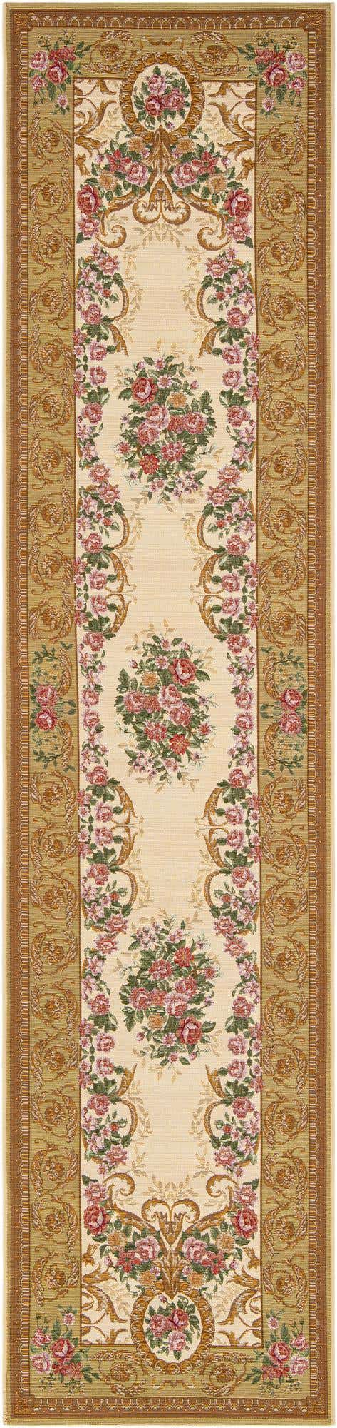 Ivory and Beige 2' 7 x 12' Outdoor Traditional Runner Area Rug Weather Resistant for Patio, Deck, Terrace, Balcony, Porch Classical Design Outside Carpet for Sale at Rug Engine